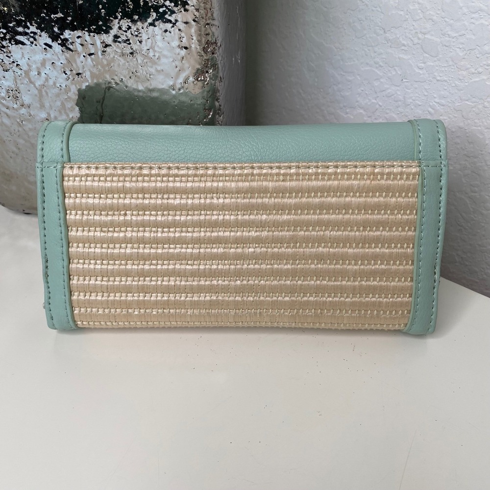 Spartina 449 Seafoam PU & Straw Bamboo Turnlock Tri-Fold Wallet Coastal Chic - Picture 2 of 12